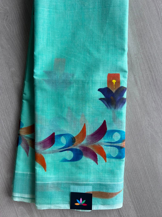 Caribbean Coral Aqua Hand brush Printed Textured Cotton Saree - 35306