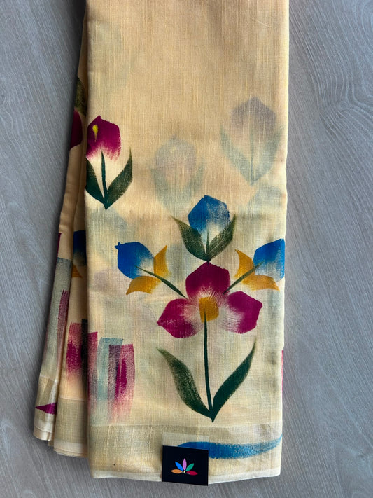 Beige Cream Hand brush Printed Textured Cotton Saree - 35307