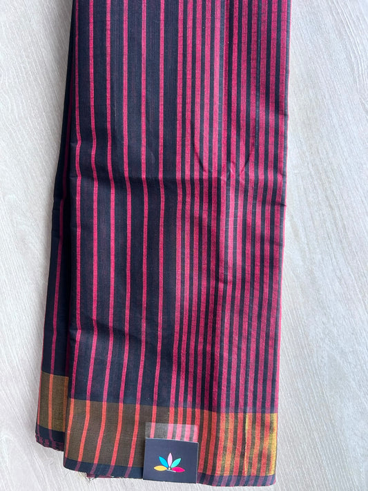 Black & Maroon Shade Contrast Striped Cotton Saree - 35309