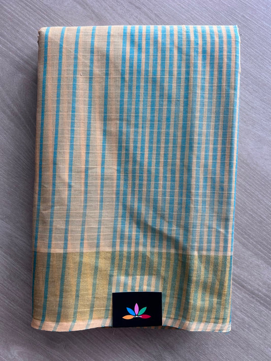 Light Sea Blue & Cream Tan Contrast Striped Cotton Saree - 35312