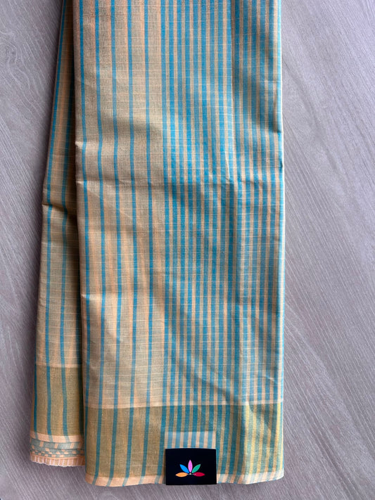 Light Sea Blue & Cream Tan Contrast Striped Cotton Saree - 35312