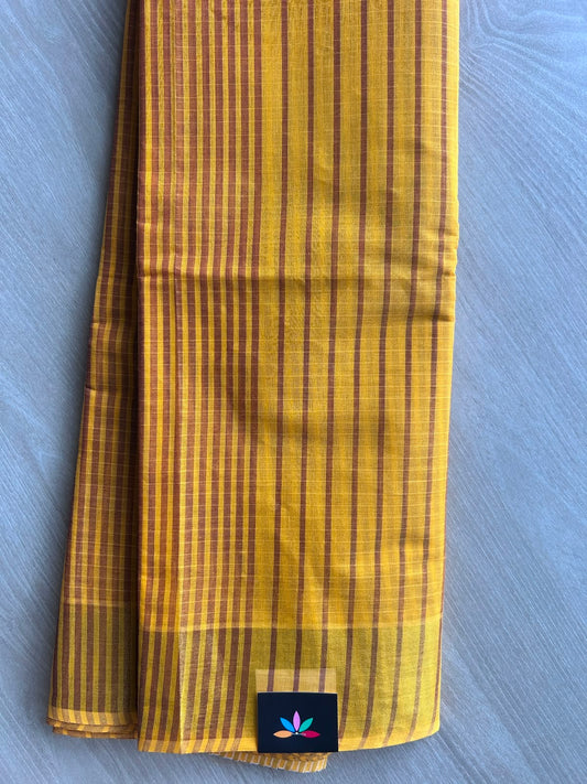 Metallic Gold Yellow Contrast Striped Cotton Saree - 35313
