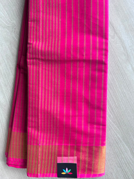 Bright Pink Contrast Striped Cotton Saree - 35319