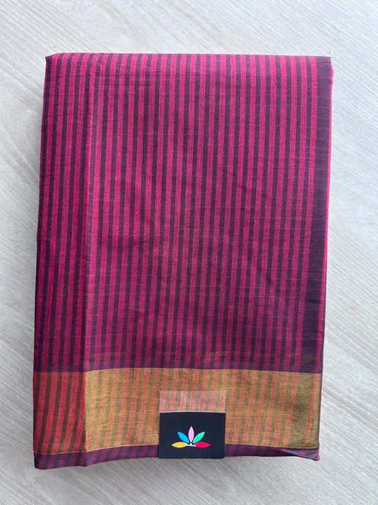 Soft Maroon & Indigo Contrast Striped Cotton Saree - 35321