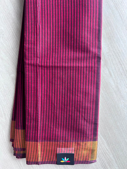 Soft Maroon & Indigo Contrast Striped Cotton Saree - 35321