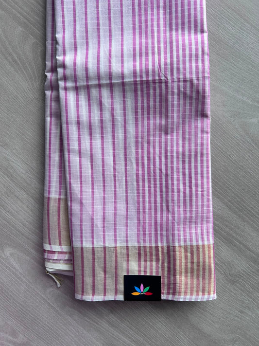 Off-White & Mauve Shade Contrast Striped Cotton Saree - 35326
