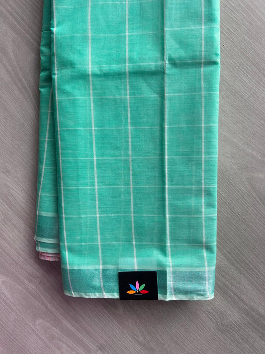 Medium Turquoise Simple Checked Cotton Saree - 35327
