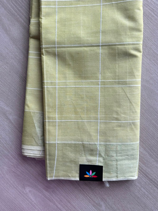 Light Yellow Simple Checked Cotton Saree - 35330