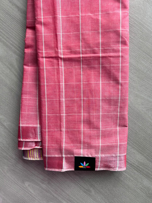 Watermelon Pink Simple Checked Cotton Saree - 35331