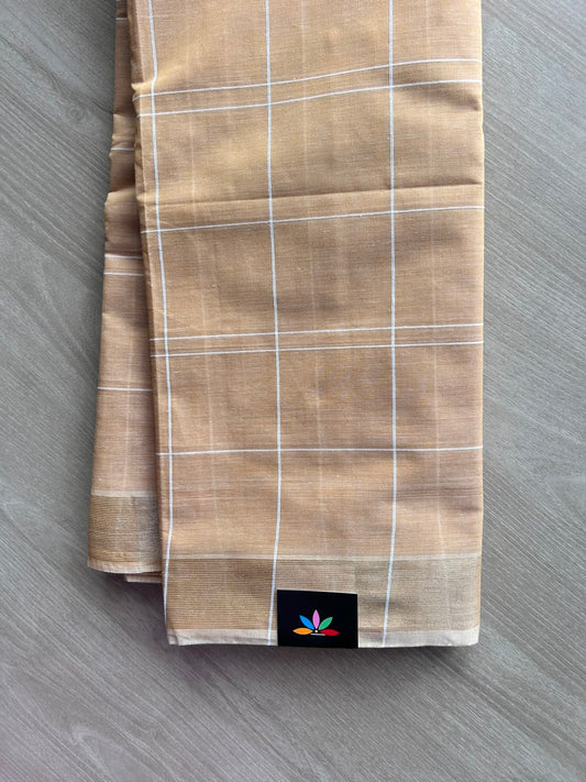 Light Tan Simple Checked Cotton Saree - 35333