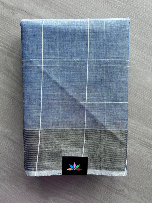 Blue Grey Simple Checked Cotton Saree - 35334