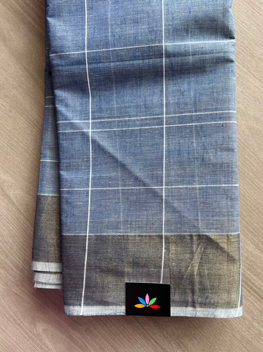 Blue Grey Simple Checked Cotton Saree - 35334