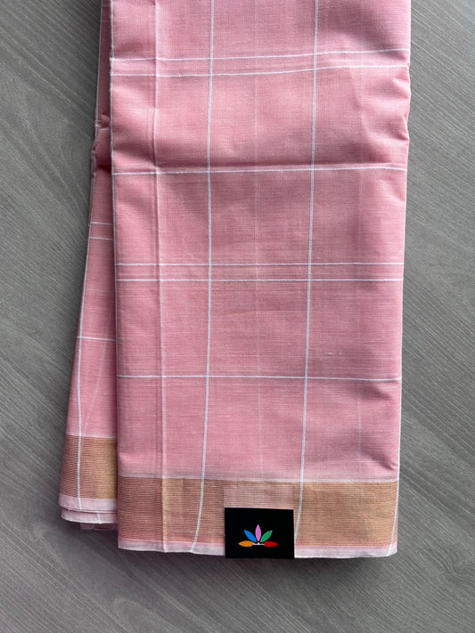 Baby Pink Simple Checked Cotton Saree - 35335