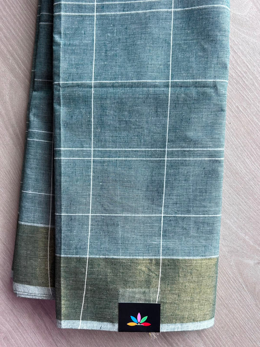 Steel Teal Simple Checked Cotton Saree - 35339