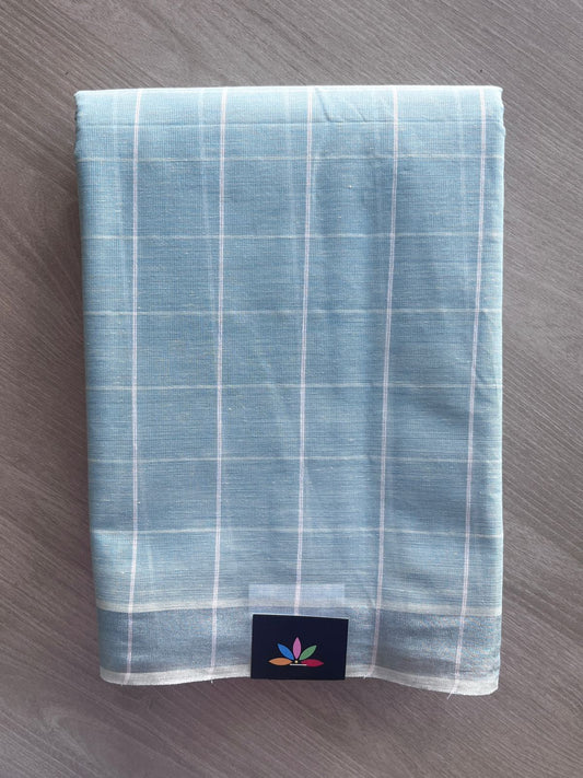 Light Blue Simple Checked Cotton Saree - 35347