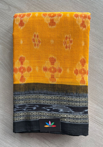 Mustard Yellow & Black Handwoven Orissa Ikkat Cotton Saree- 25152