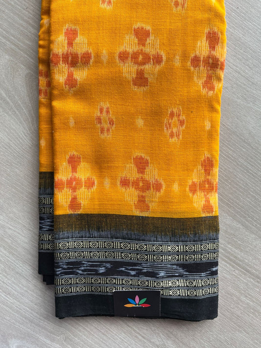 Mustard Yellow & Black Handwoven Orissa Ikkat Cotton Saree- 25152
