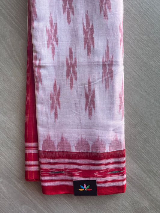 Off White & Deep Red Handloom Orissa Ikkat Cotton Saree (Without blouse) - 32068