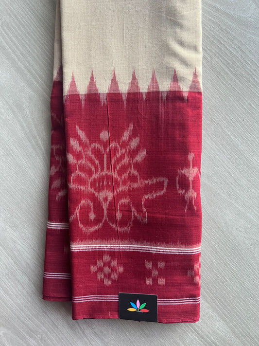 Reddish Maroon & Beige Handloom Orissa Ikkat Cotton Saree (Without blouse) - 32091_32092