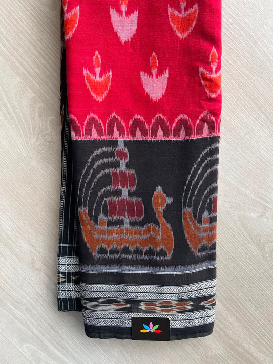 Red & Black Orissa Ikkat Handloom Cotton Saree -11969