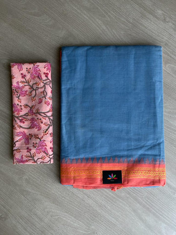 French Blue Handspun Fine Cotton Kuppadam Border Saree -5361