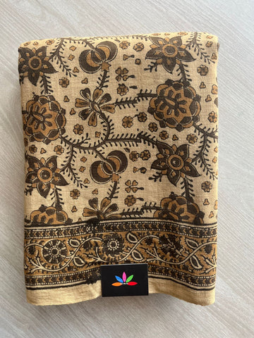 Light Beige Natural Dye Handprocessed Kalamkari Handspun Cotton Saree-6558