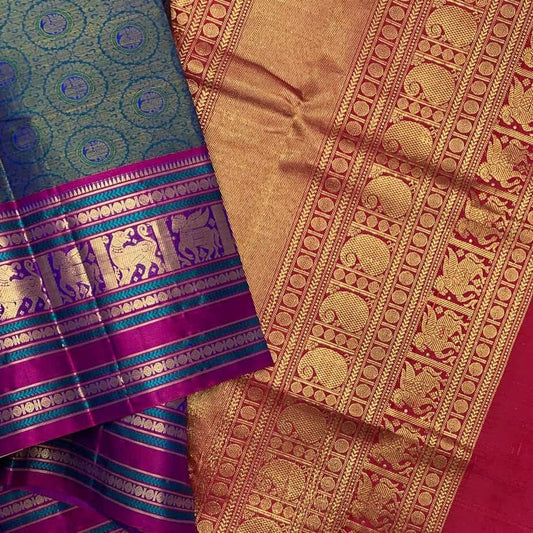 Handwoven Pure Kancheevaram Annapakshi Butta Silk Saree(Peacock Blue)-1878