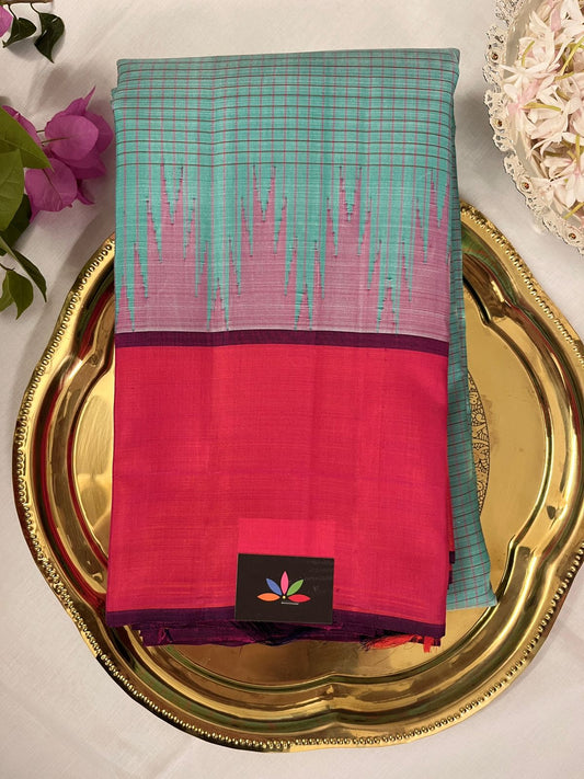 Turquoise-Pink Thazhampoo Contrast Korvai Handloom Pure Kancheevaram Silk Saree -105