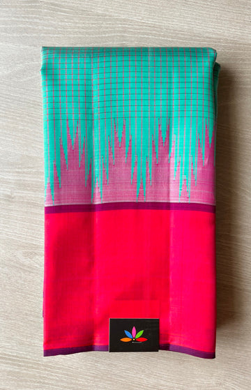 Turquoise-Pink Thazhampoo Contrast Korvai Handloom Pure Kancheevaram Silk Saree -105