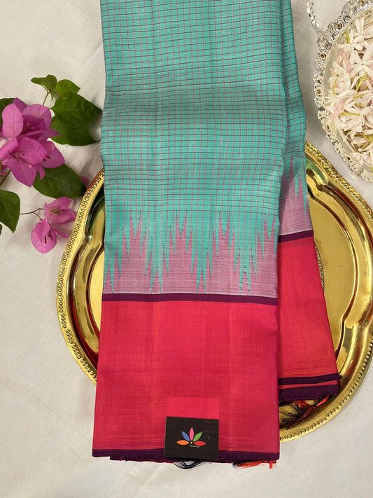 Turquoise-Pink Thazhampoo Contrast Korvai Handloom Pure Kancheevaram Silk Saree -105