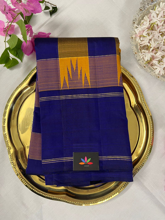 Midnight Blue-Mustard Thazhampoo Contrast Korvai Handloom Pure Kancheevaram Silk Saree -106