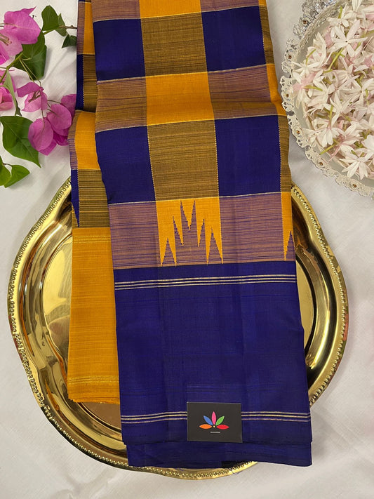 Midnight Blue-Mustard Thazhampoo Contrast Korvai Handloom Pure Kancheevaram Silk Saree -106