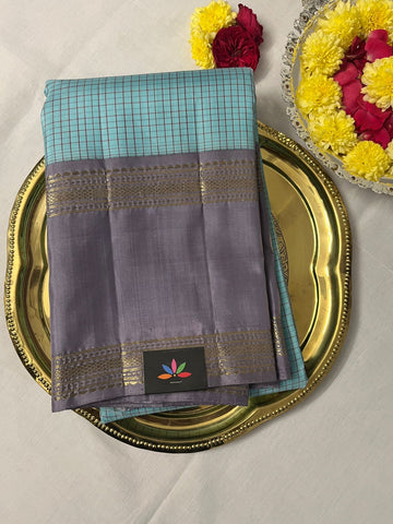 Handwoven Checked Kancheevaram Silk Saree in Arctic Blue and Lilac - 116