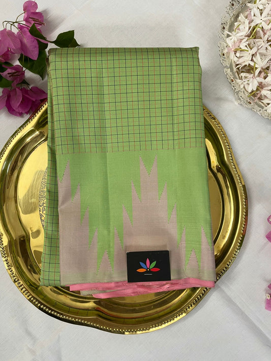Bright Pista Green with Pastel Pink Thazhampoo Contrast Korvai Handloom  Kancheevaram Silk Saree -118