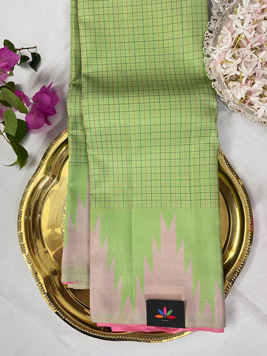 Bright Pista Green with Pastel Pink Thazhampoo Contrast Korvai Handloom  Kancheevaram Silk Saree -118
