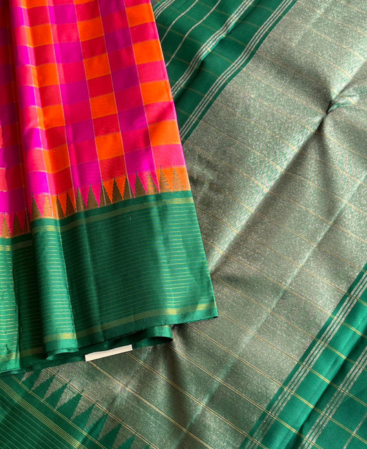 Korvai Border Handwoven Pink and Orange Kattam Pure Kancheevaram Pure Silk Saree - 143