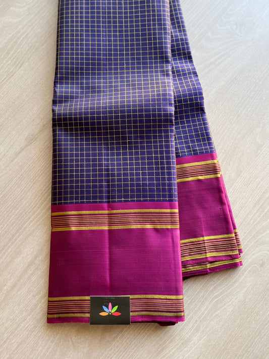 Zari checks Midnight Blue with Plum Border Kancheevaram Pure Silk Saree - 149