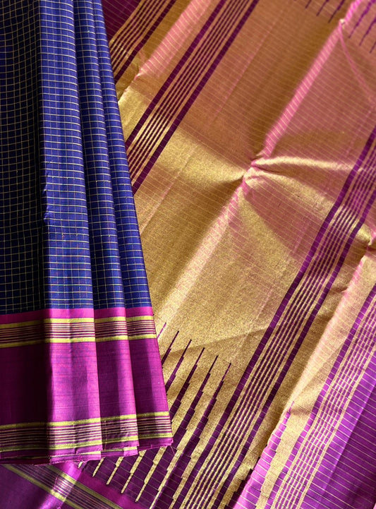 Handwoven Checked Kancheevaram Silk Saree in Deep Midnight Blue and Raspberry Pink - 149