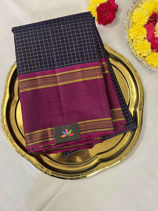 Handwoven Checked Kancheevaram Silk Saree in Deep Midnight Blue and Raspberry Pink - 149
