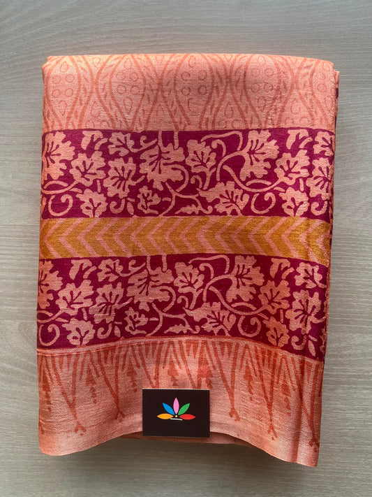 Handcrafted Block Printed Tussar Silk Saree - 33148