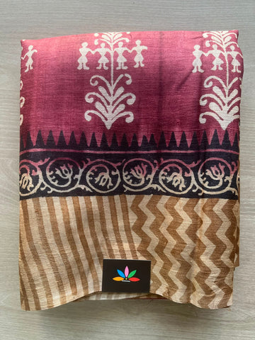 Handcrafted Block Printed Tussar Silk Saree - 33149