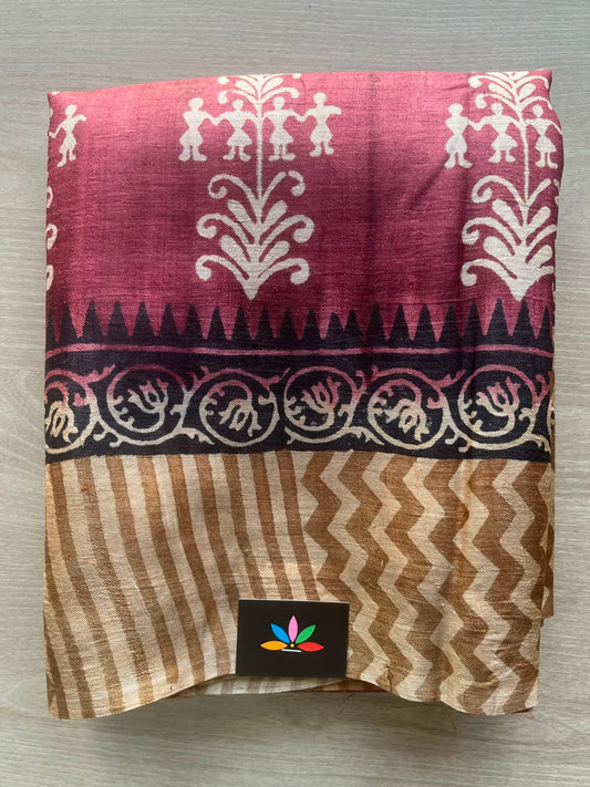 Handcrafted Block Printed Tussar Silk Saree - 33149
