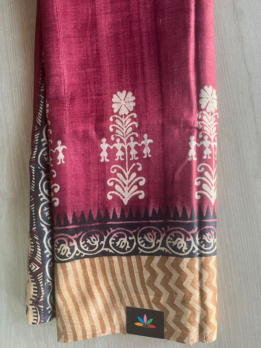 Handcrafted Block Printed Tussar Silk Saree - 33149