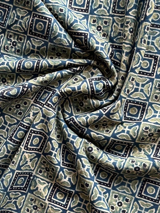 Natural Dye Ajrakh Handblock Pure Cotton Blouse Fabric (90 Centimeter)