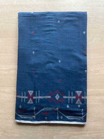 Indigo Dhakai Border Handloom Jamdani Fine Cotton Running Material - RFJ2