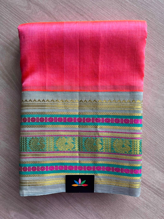 Peach Pink & Soft Silver-Grey Korvai Border Silk Cotton Saree -29231