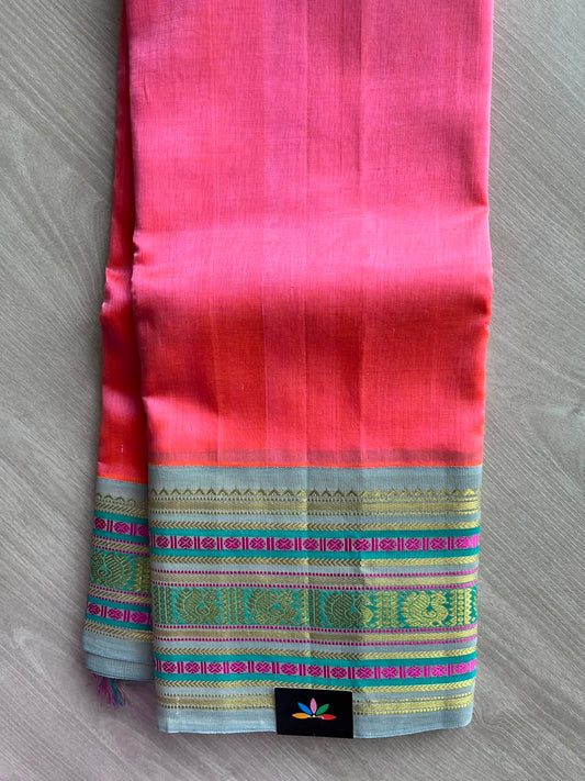 Peach Pink & Soft Silver-Grey Korvai Border Silk Cotton Saree -29231