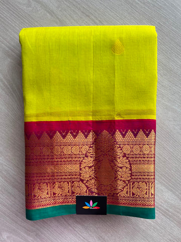 Parrot Green & Combined Pink-Purple Korvai Border Silk Cotton Saree -29233