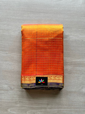 Korvai Silk Cotton Saree With Contrast Pallu and Blouse (Orange with Royal Blue) - 939