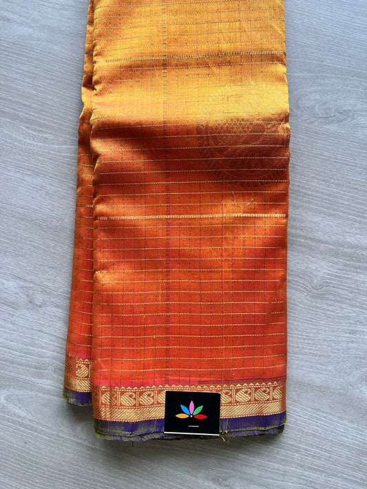 Korvai Silk Cotton Saree With Contrast Pallu and Blouse (Orange with Royal Blue) - 939